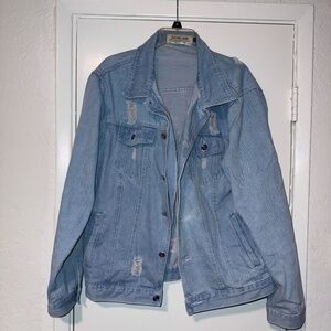 DAVID.ANN Men's Denim Jacket Classic Ripped Jean Coat Jacket with Holes,Blue,Med